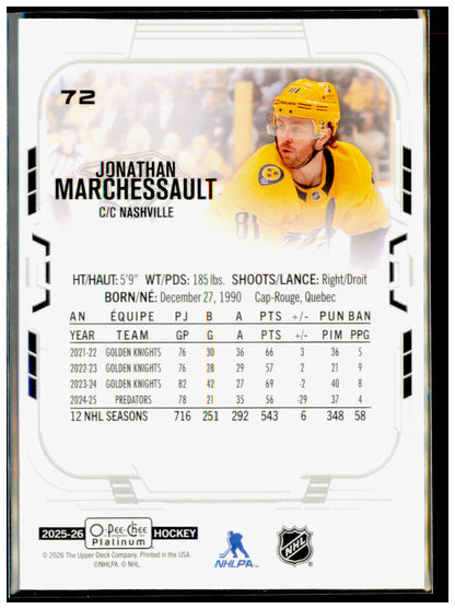 2025-26 O-Pee-Chee Platinum Jonathan Marchessault Card Nashville Predators #72