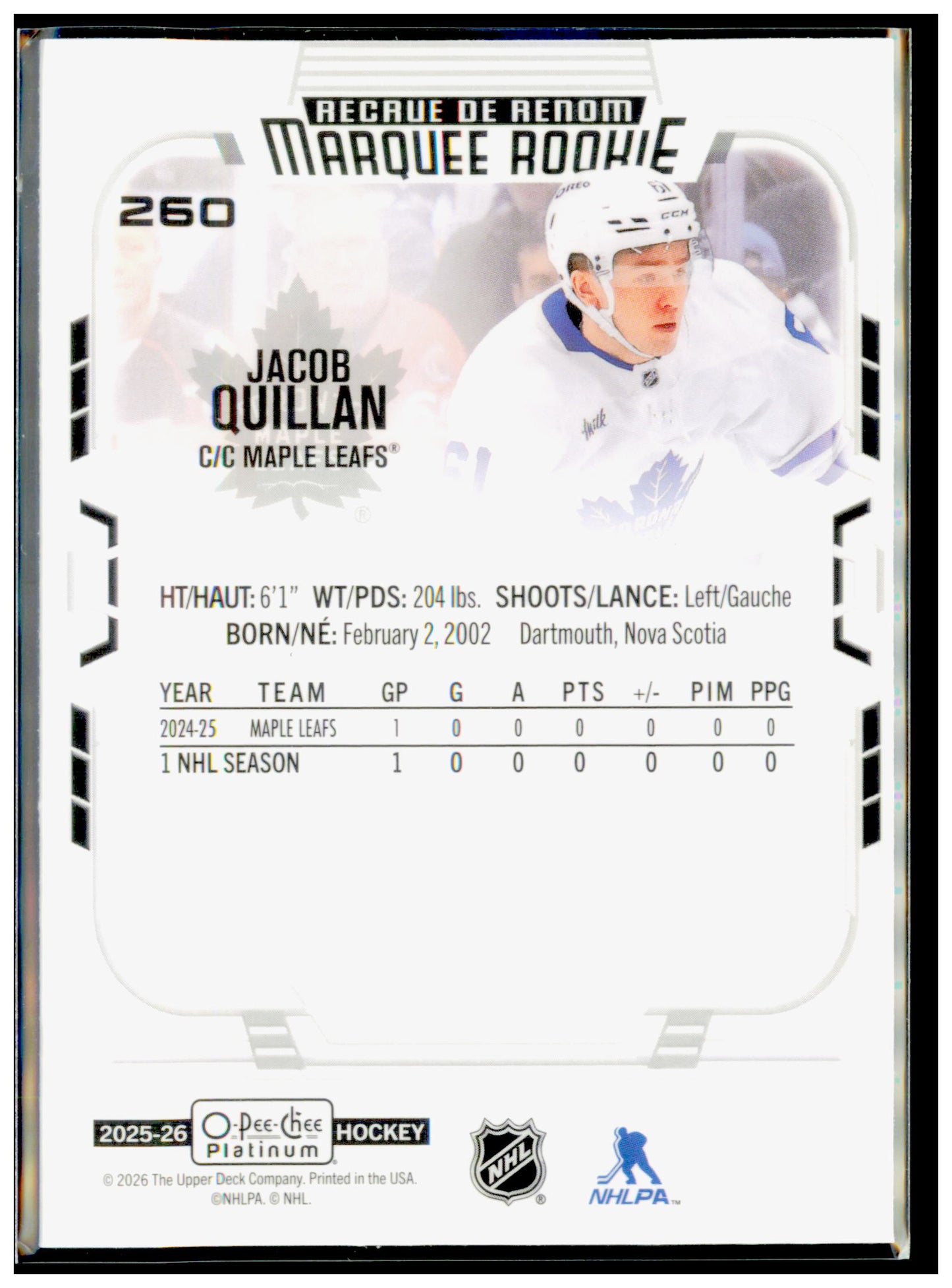 2025-26 O-Pee-Chee Platinum Jacob Quillan Card RC Toronto Maple Leafs #260