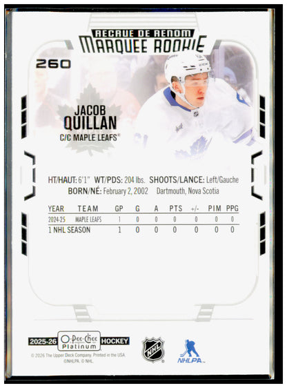 2025-26 O-Pee-Chee Platinum Jacob Quillan Card RC Toronto Maple Leafs #260