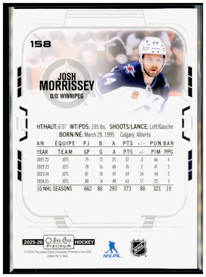 2025-26 O-Pee-Chee Platinum Josh Morrissey Card Winnipeg Jets #158