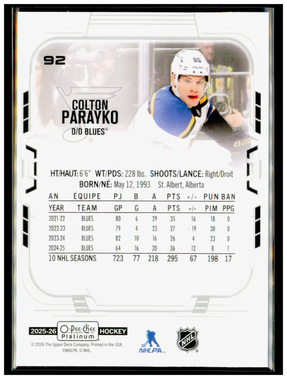 2025-26 O-Pee-Chee Platinum Colton Parayko Card St. Louis Blues #92