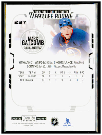 2025-26 O-Pee-Chee Platinum Marc Gatcomb Card RC New York Islanders #237