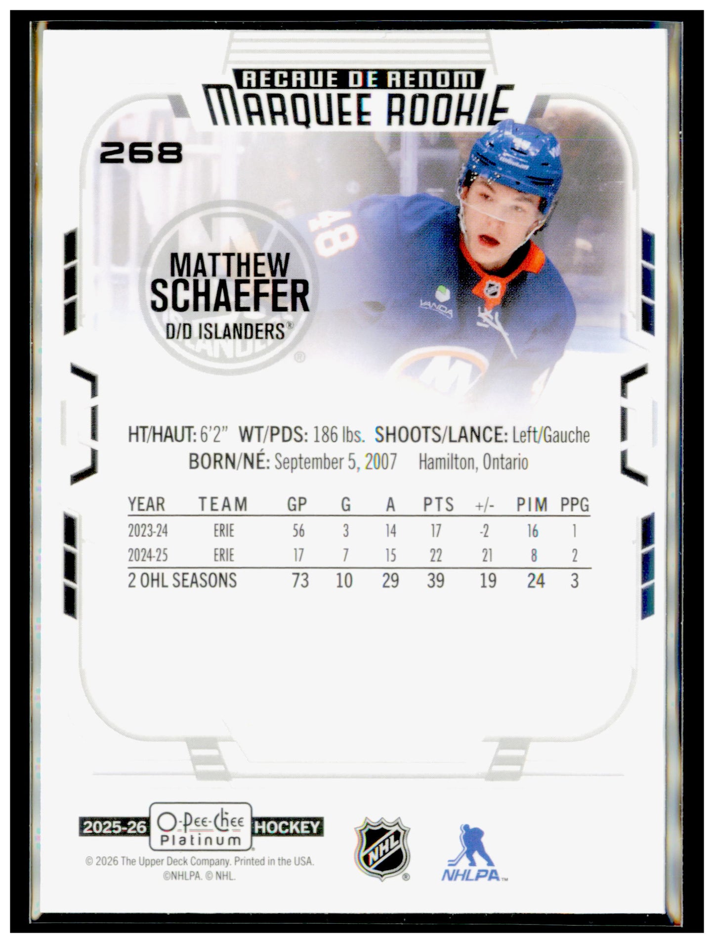 2025-26 O-Pee-Chee Platinum Matthew Schaefer Card RC New York Islanders #268