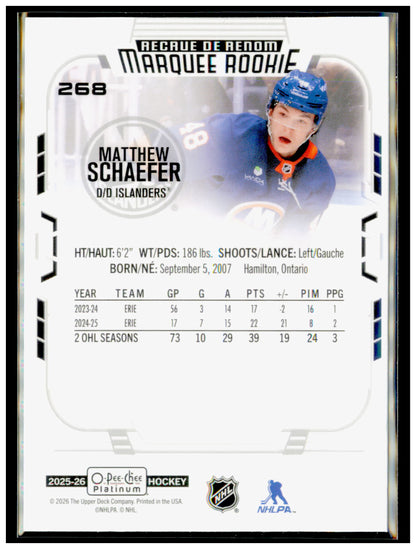 2025-26 O-Pee-Chee Platinum Matthew Schaefer Card RC New York Islanders #268