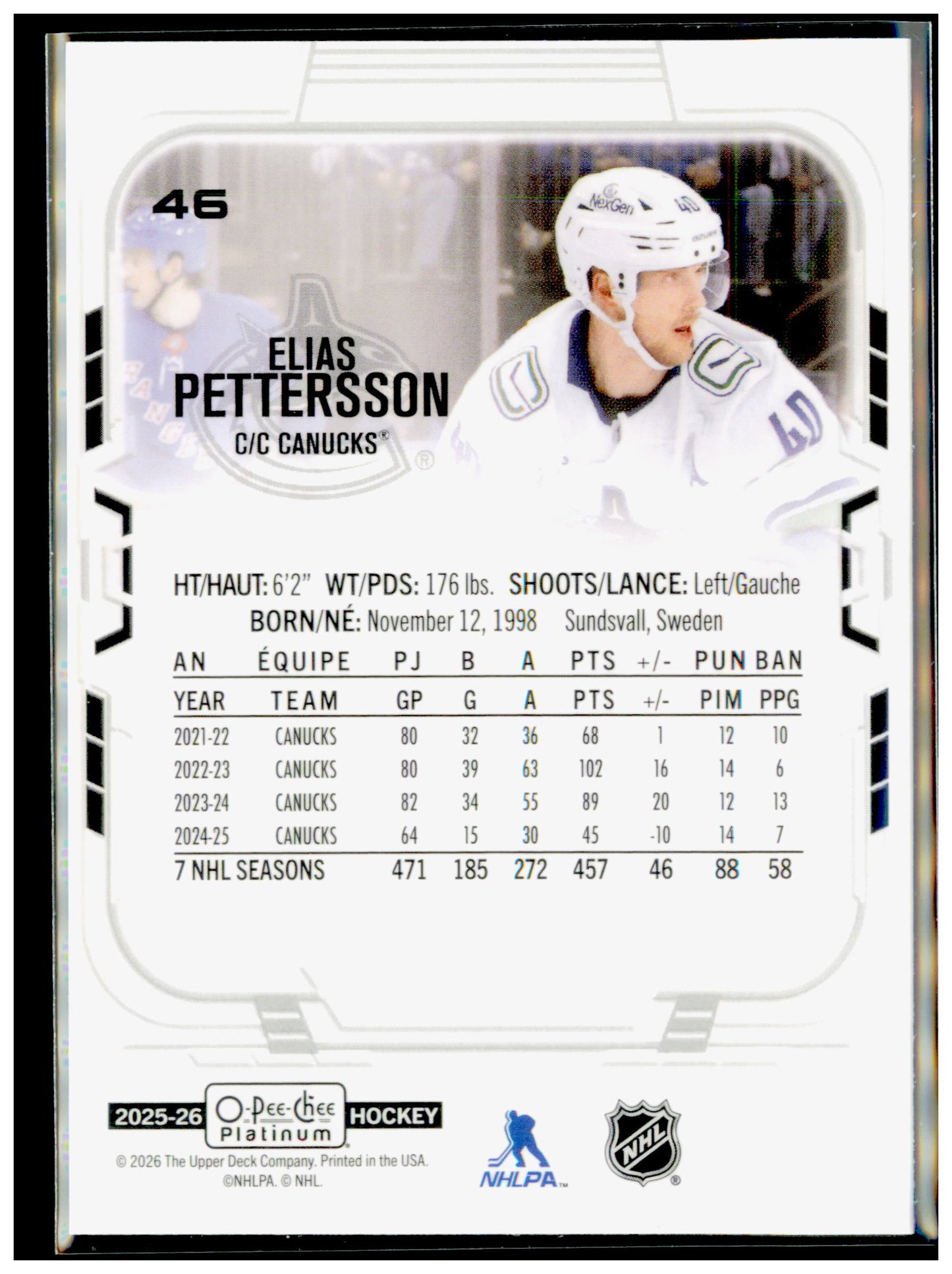 2025-26 O-Pee-Chee Platinum Elias Pettersson Card Vancouver Canucks #46