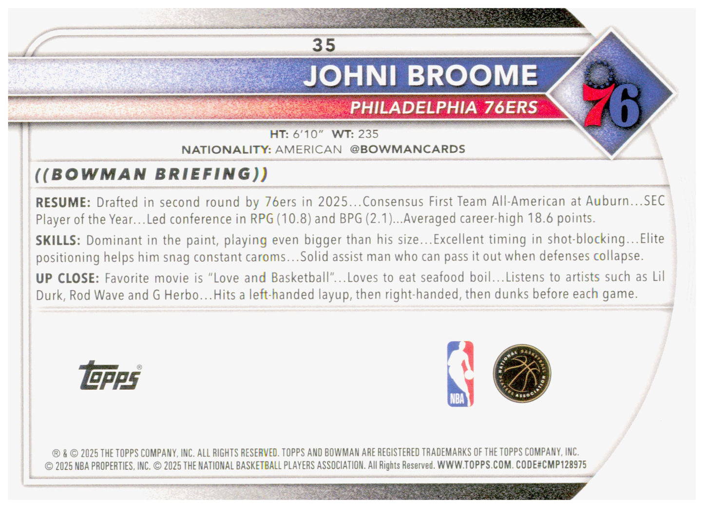 2025-26 Bowman Johni Broome Card RC Philadelphia 76ers #35