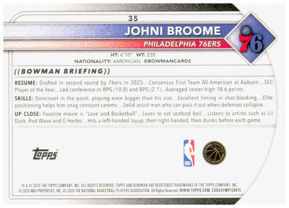 2025-26 Bowman Johni Broome Card RC Philadelphia 76ers #35