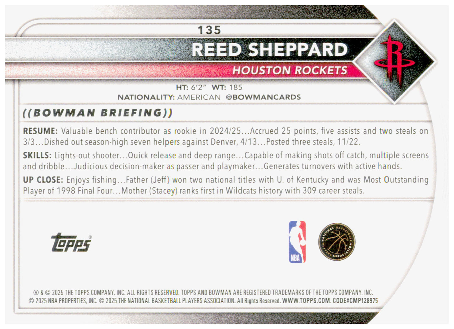 2025-26 Bowman Reed Sheppard Card Houston Rockets #135