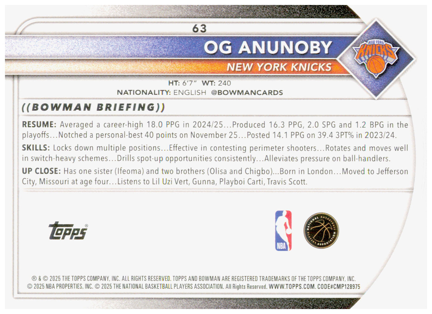 2025-26 Bowman OG Anunoby Card New York Knicks #63