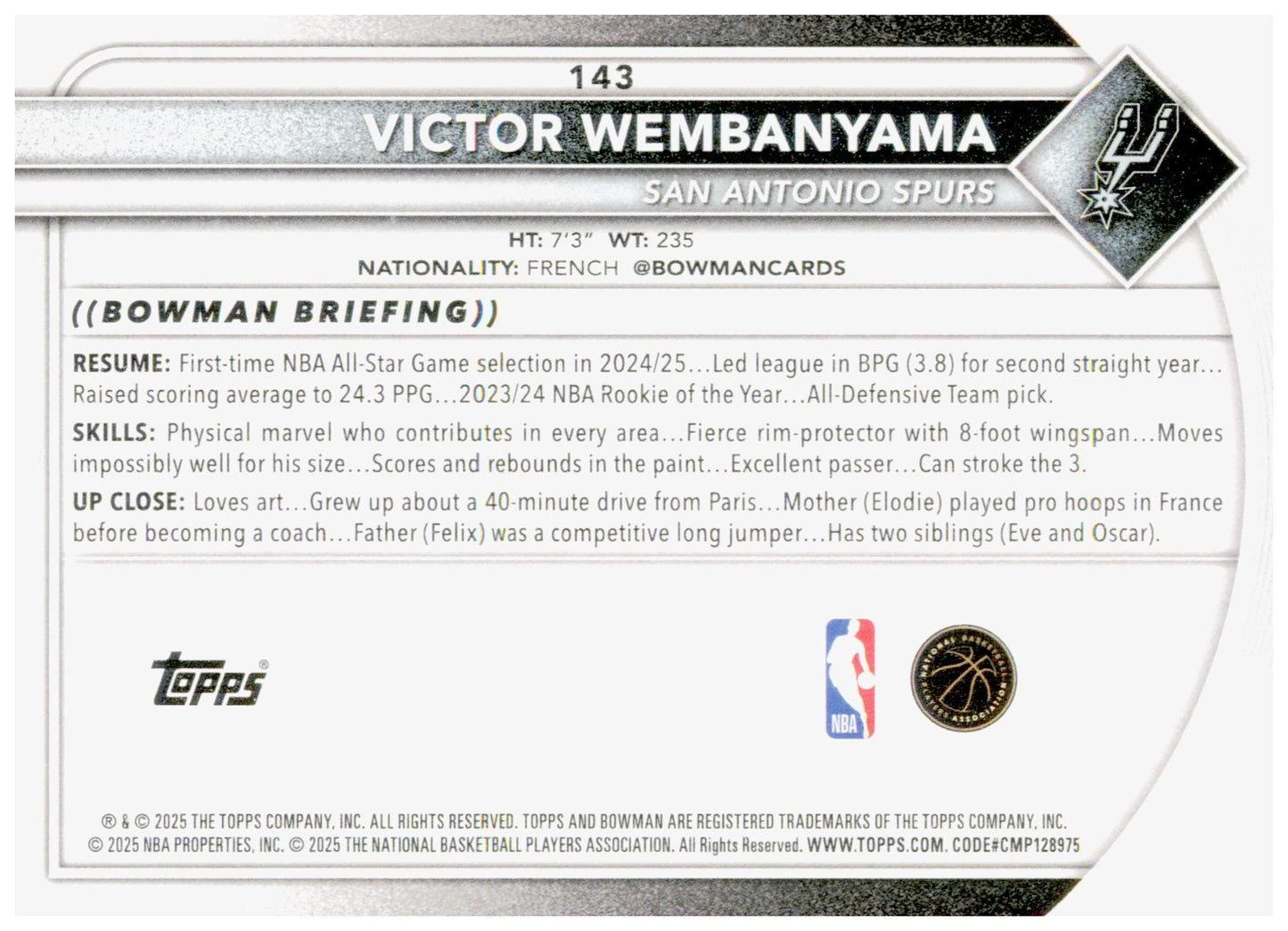 2025-26 Bowman Victor Wembanyama Card San Antonio Spurs #143