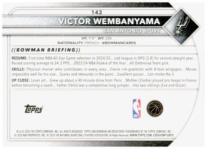 2025-26 Bowman Victor Wembanyama Card San Antonio Spurs #143