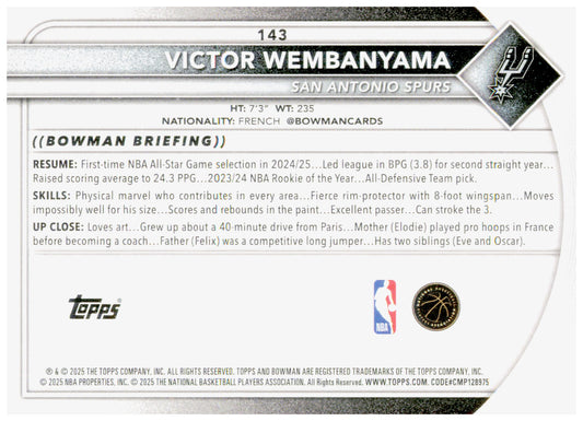 2025-26 Bowman Victor Wembanyama Card San Antonio Spurs #143