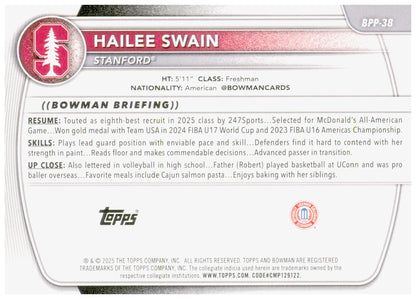 2025-26 Bowman Hailee Swain Card Prospects Stanford Cardinal #BPP-38