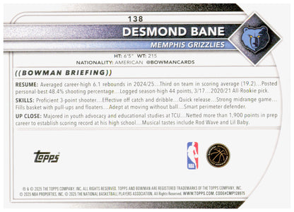 2025-26 Bowman Desmond Bane Card Memphis Grizzlies #138