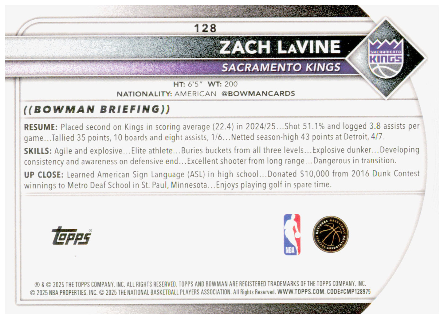 2025-26 Bowman Zach LAVine Card Sacramento Kings #128