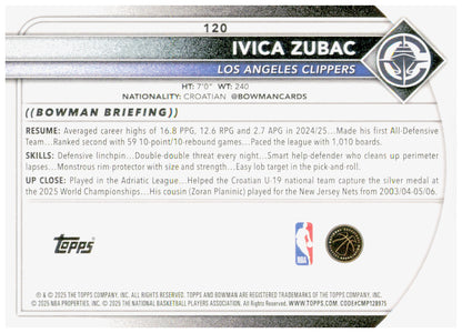 2025-26 Bowman Ivica Zubac Card Los Angeles Clippers #120