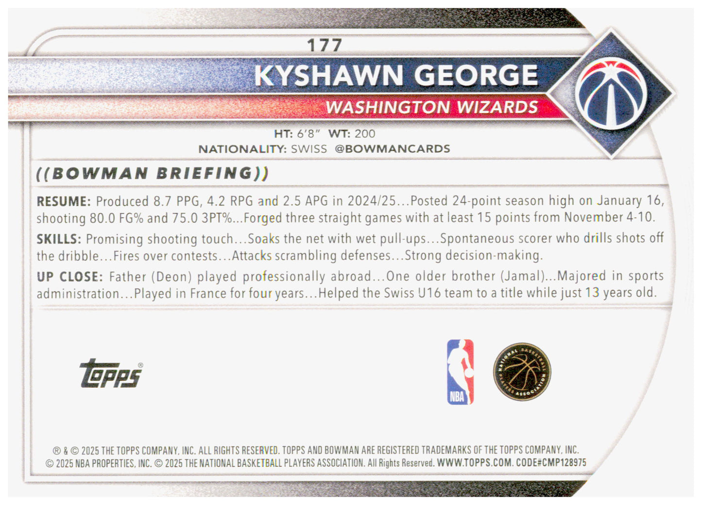 2025-26 Bowman Kyshawn George Card Washington Wizards #177