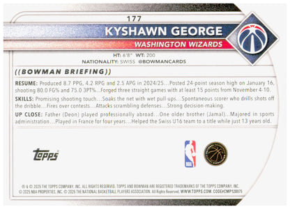 2025-26 Bowman Kyshawn George Card Washington Wizards #177