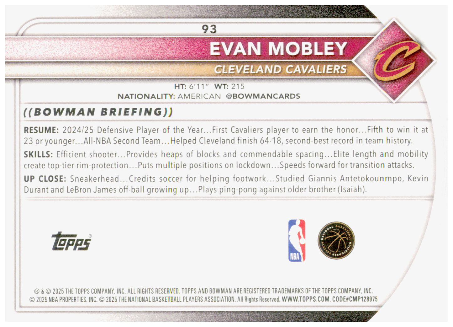 2025-26 Bowman Evan Mobley Card Cleveland Cavaliers #93