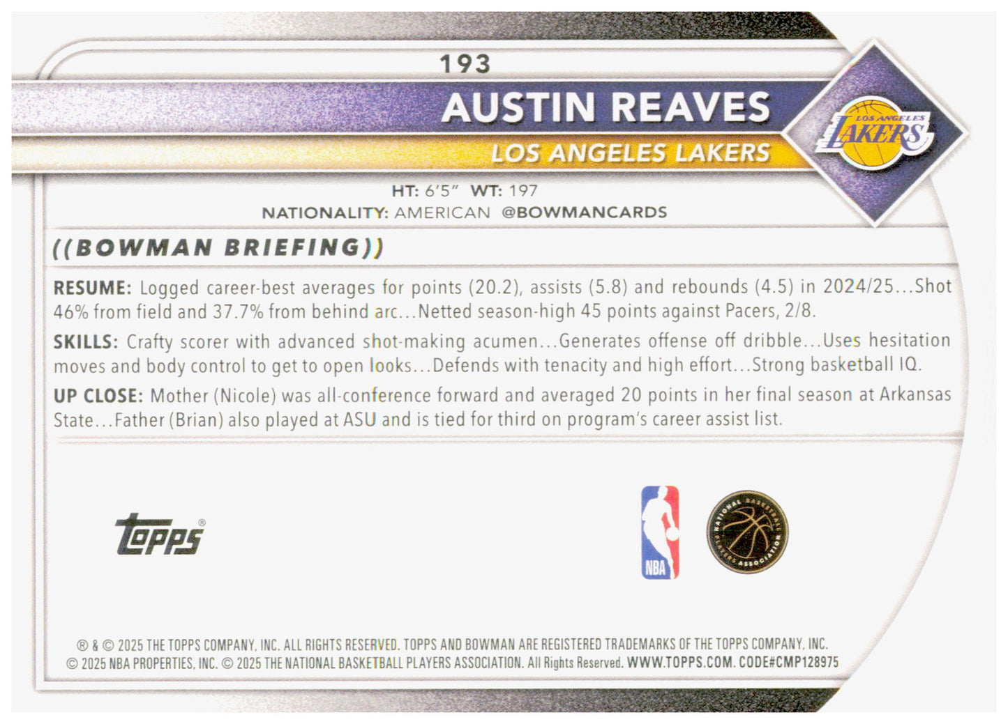 2025-26 Bowman Austin Reaves Card Los Angeles Lakers #193