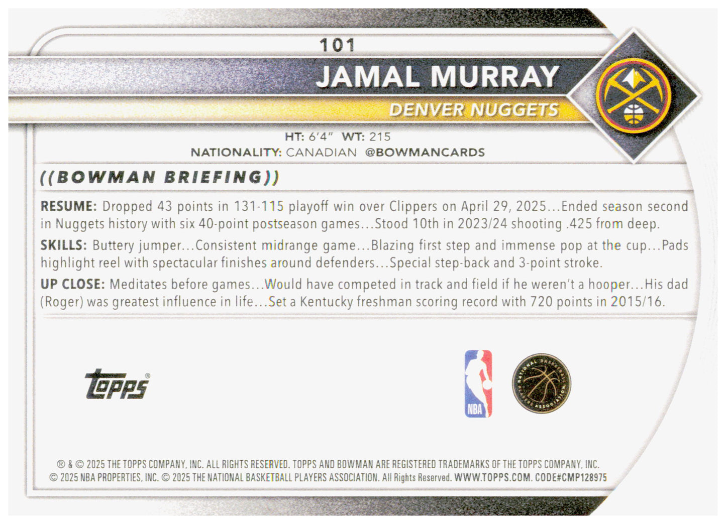 2025-26 Bowman Jamal Murray Card Denver Nuggets #101