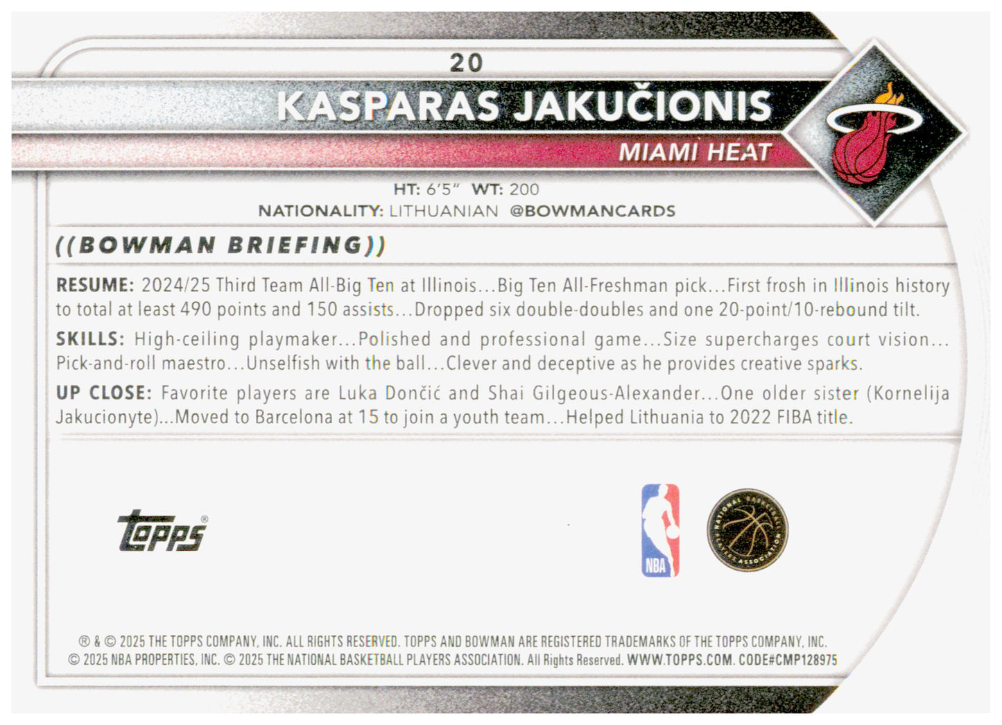 2025-26 Bowman Kasparas Jakučionis Card RC Miami Heat #20