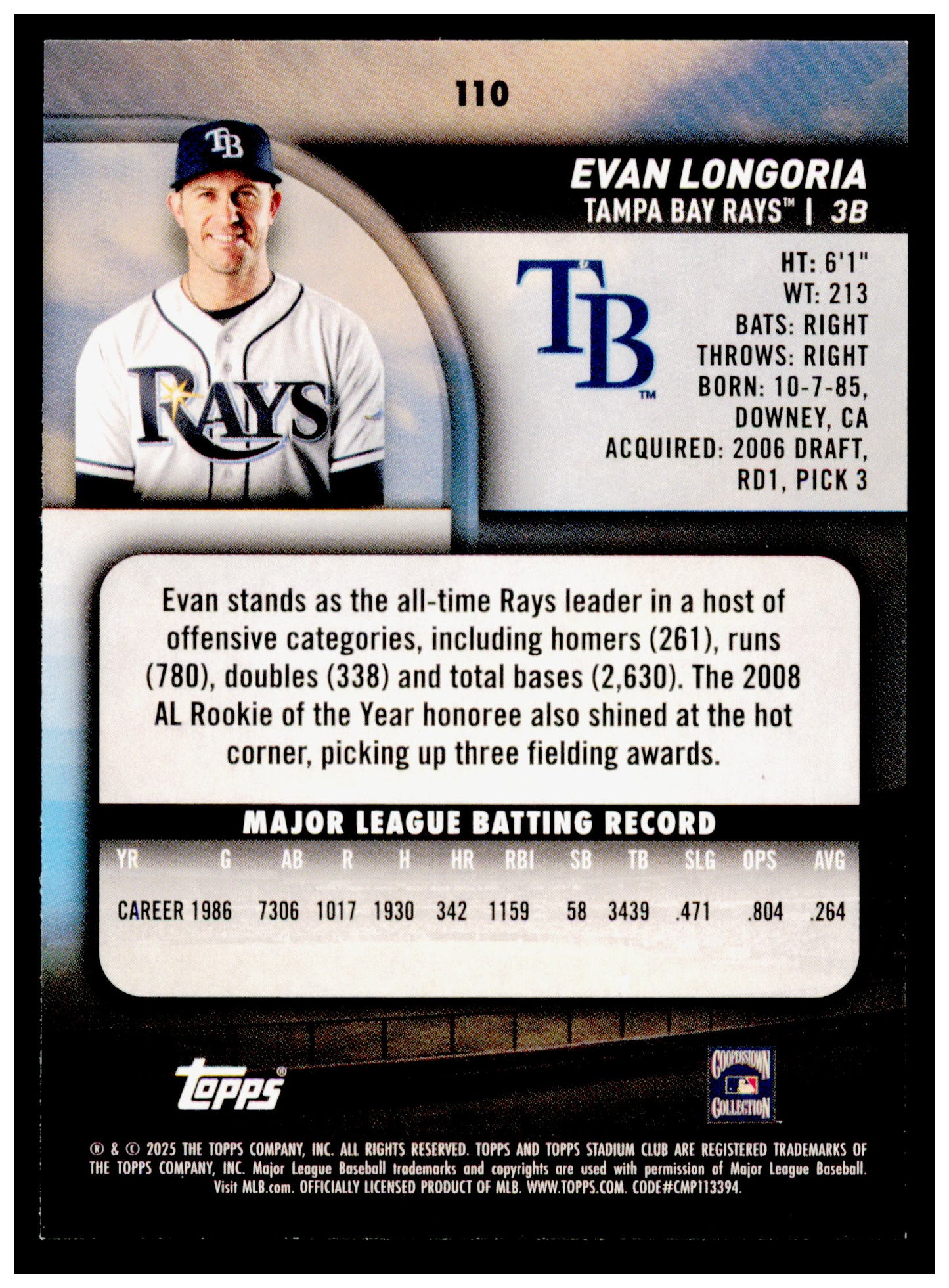 2025 Stadium Club Evan Longoria Card Tampa Bay Rays #110