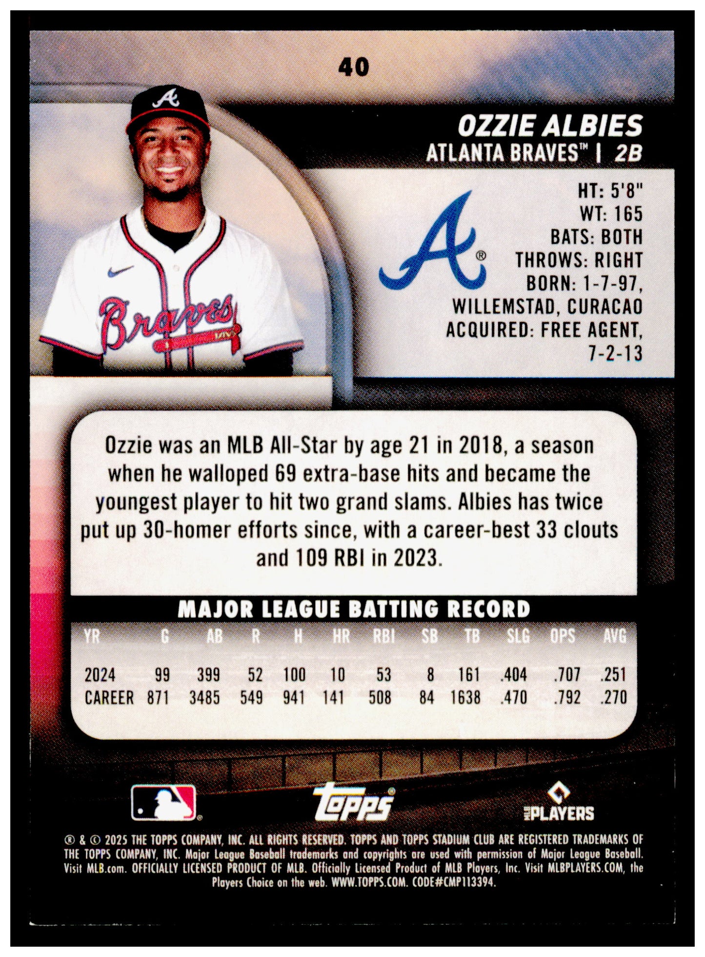 2025 Stadium Club Ozzie Albies Card Atlanta Braves #40