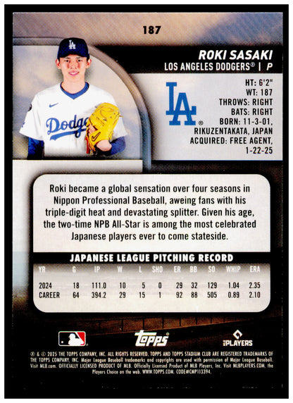 2025 Stadium Club Roki Sasaki Card RC Los Angeles Dodgers #187