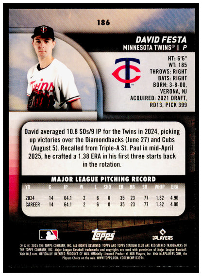 2025 Stadium Club David Festa Card RC Minnesota Twins #186