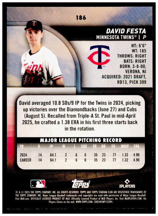 2025 Stadium Club David Festa Card RC Minnesota Twins #186