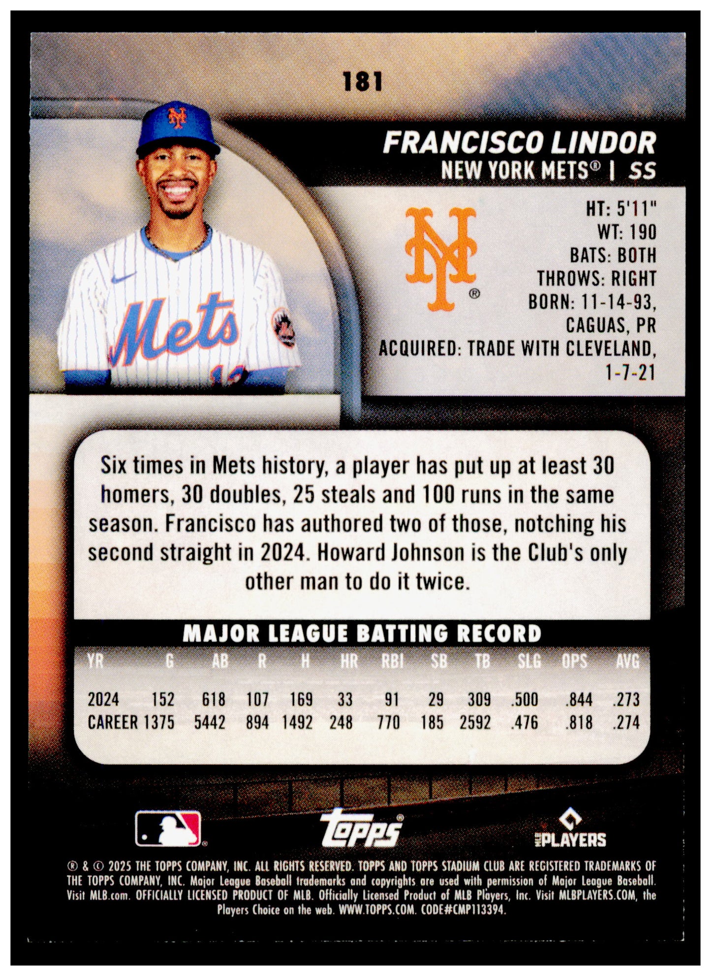 2025 Stadium Club Francisco Lindor Card New York Mets #181
