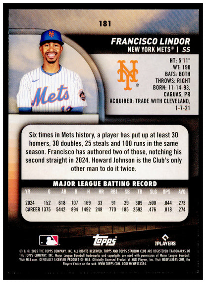 2025 Stadium Club Francisco Lindor Card New York Mets #181