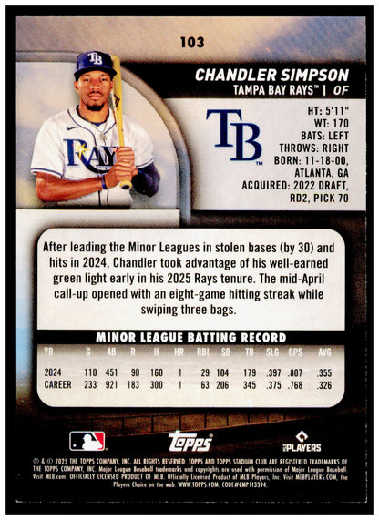 2025 Stadium Club Chandler Simpson Card RC Tampa Bay Rays #103