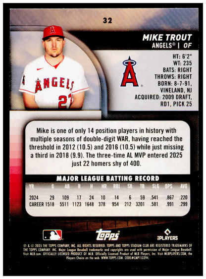2025 Stadium Club Mike Trout Card Los Angeles Angels #32