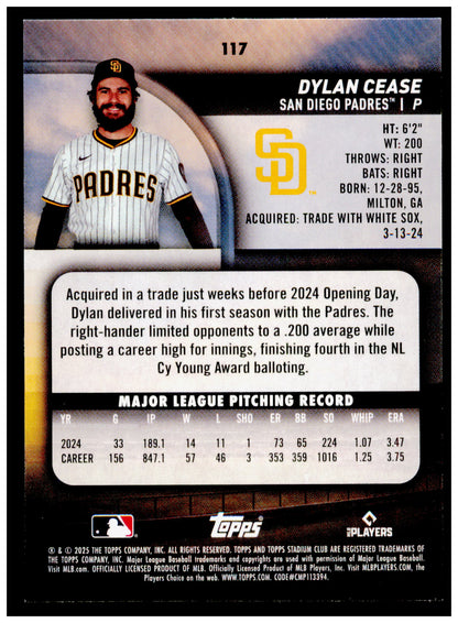 2025 Stadium Club Dylan Cease Card San Diego Padres #117