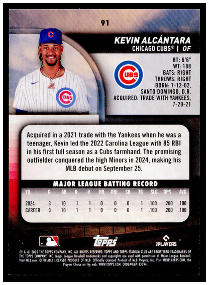 2025 Stadium Club Kevin Alcántara Card RC Chicago Cubs #91