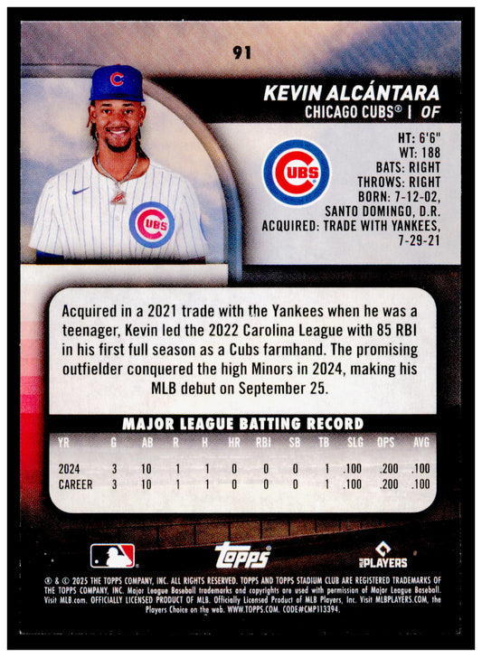 2025 Stadium Club Kevin Alcántara Card RC Chicago Cubs #91