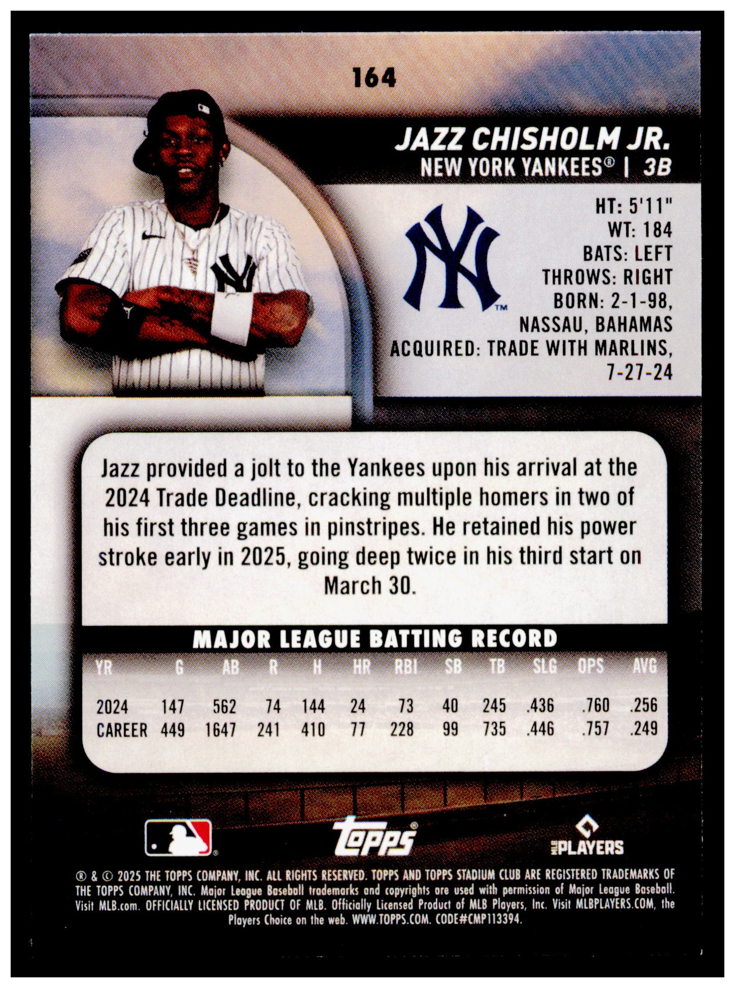 2025 Stadium Club Jazz Chisholm Jr. Card New York Yankees #164