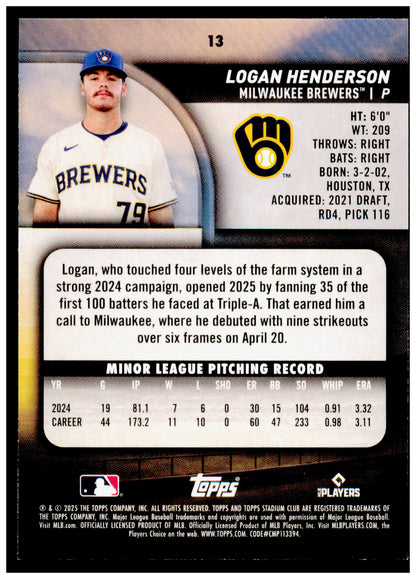 2025 Stadium Club Logan Henderson Card RC Milwaukee Brewers #13