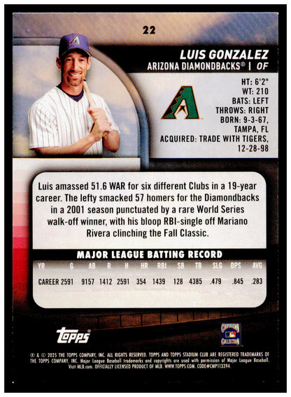 2025 Stadium Club Luis Gonzalez Card Arizona Diamondbacks #22