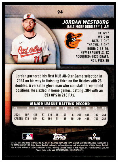 2025 Stadium Club Jordan Westburg Card Baltimore Orioles #94