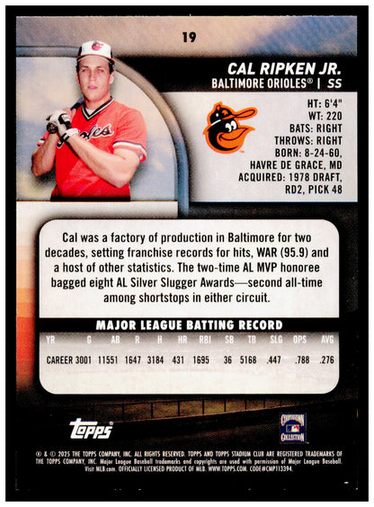 2025 Stadium Club Cal Ripken Jr. Card Baltimore Orioles #19