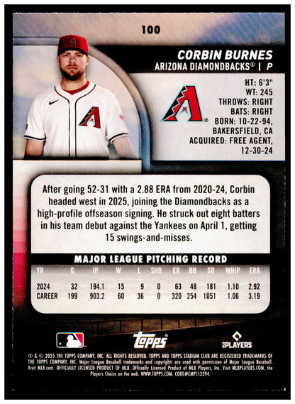 2025 Stadium Club Corbin Burnes Card Arizona Diamondbacks #100