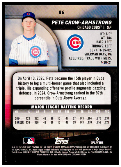 2025 Stadium Club Pete Crow-Armstrong Card Chicago Cubs #86