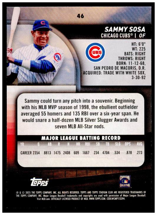 2025 Stadium Club Sammy Sosa Card Chicago Cubs #46