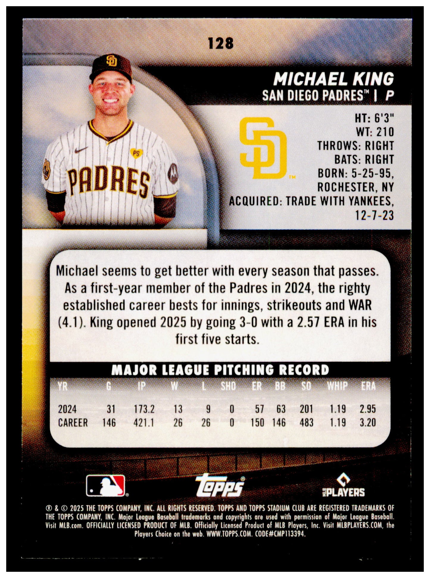 2025 Stadium Club Michael King Card San Diego Padres #128