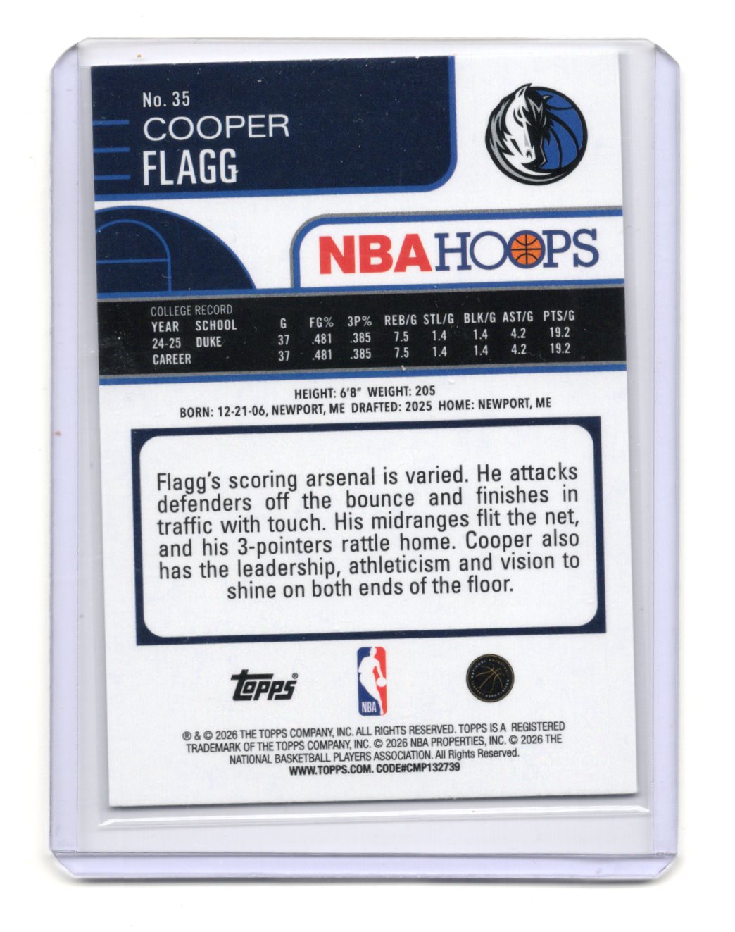 2025-26 Hoops Cooper Flagg Card RC Dallas Mavericks #35