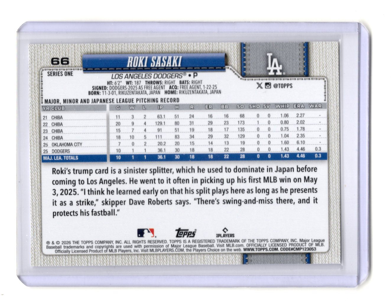 2026 Topps Roki Sasaki Card Los Angeles Dodgers #66