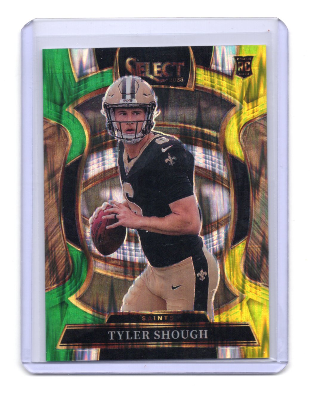 2025 Panini Select Tyler Shough Card Green and Yellow Prizm Shock RC  Saints #41
